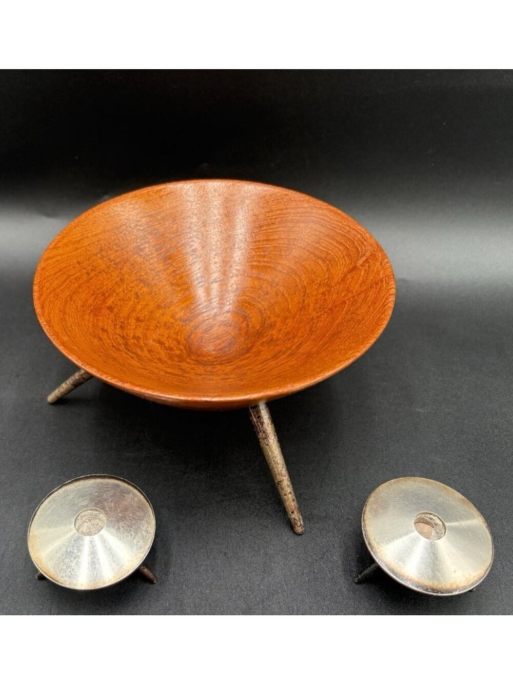 Vtg Teak Wood Mid-Century Carved Bowl & Candle Holders Modern MCM Tripod Legs